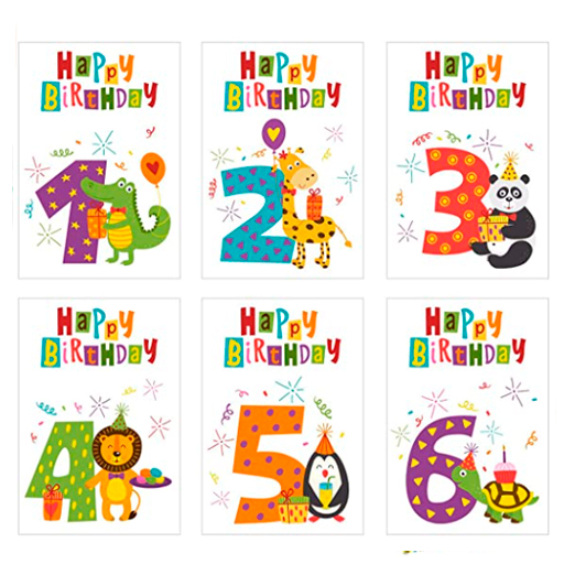 Juego de 6 bonitas tarjetas de cumpleaños para niños con sobre. 1, 2, 3, 4, 5, 6 años.
