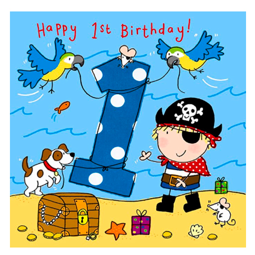 Tarjeta de cumpleaños 1er cumpleaños para niño con pirata, perro y loros un año de edad 1