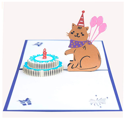 Tarjeta de cumpleaños en 3D diseño gatito y pastel de cumpleaños tridimensional EUFANCE