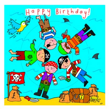 Tarjeta de felicitación de cumpleaños para niño con piratas felices 16x16 cm