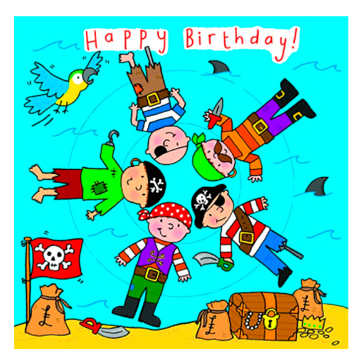 Tarjeta de felicitación de cumpleaños para niño con piratas felices 16x16 cm