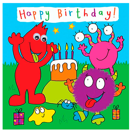 Tarjeta de cumpleaños felicitación de niños con fiesta de monstruos ojos acabados a mano